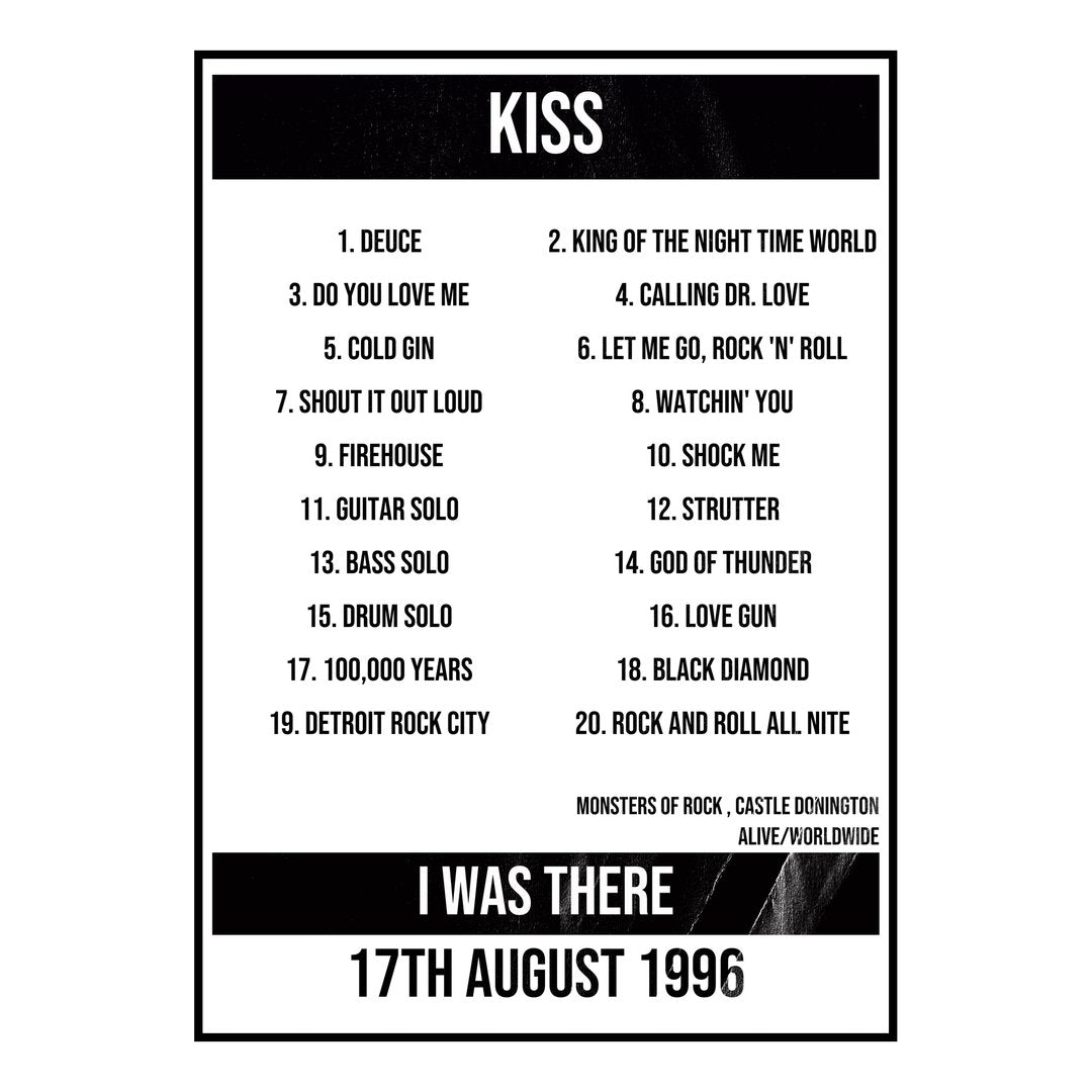 KISS Castle Donington 17th August 1996 Setlist poster