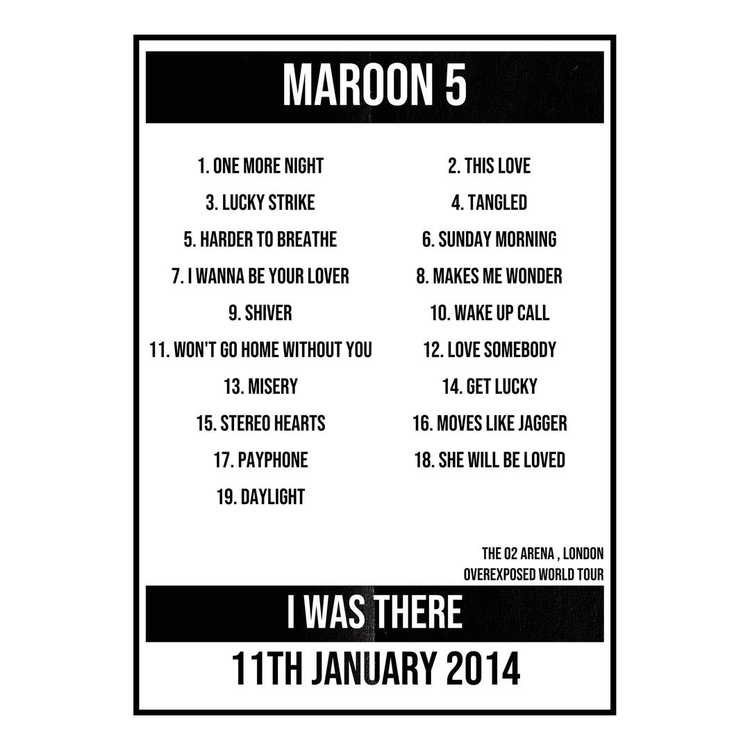 Maroon 5 London 11th January 2014 Setlist poster