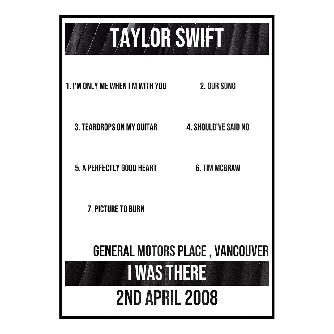 Taylor Swift Vancouver 2nd April 2008 Setlist poster