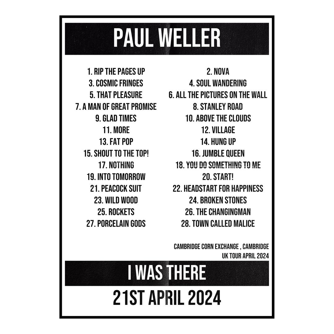 Paul Weller Cambridge 21st April 2024 Setlist poster