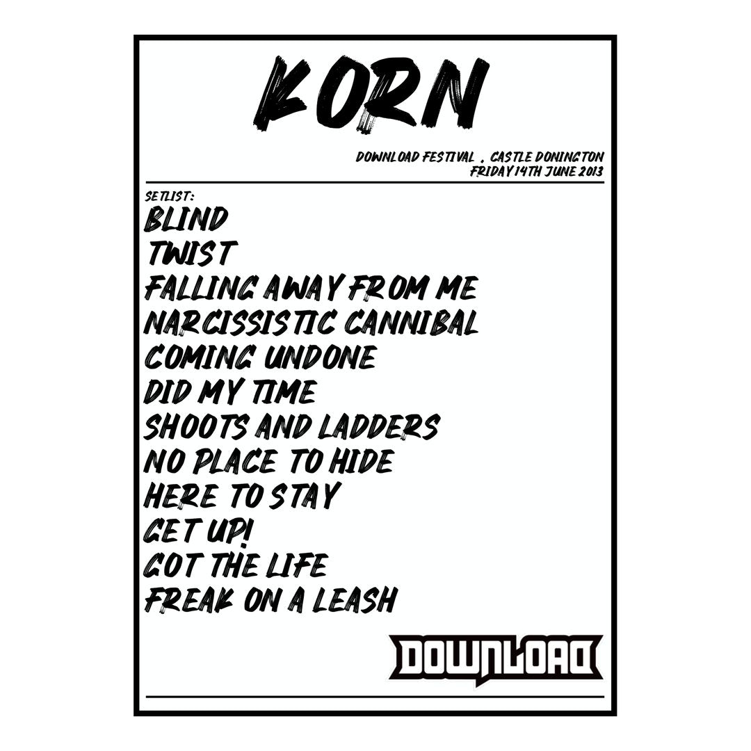 Korn Castle Donington 14th June 2013 Setlist poster