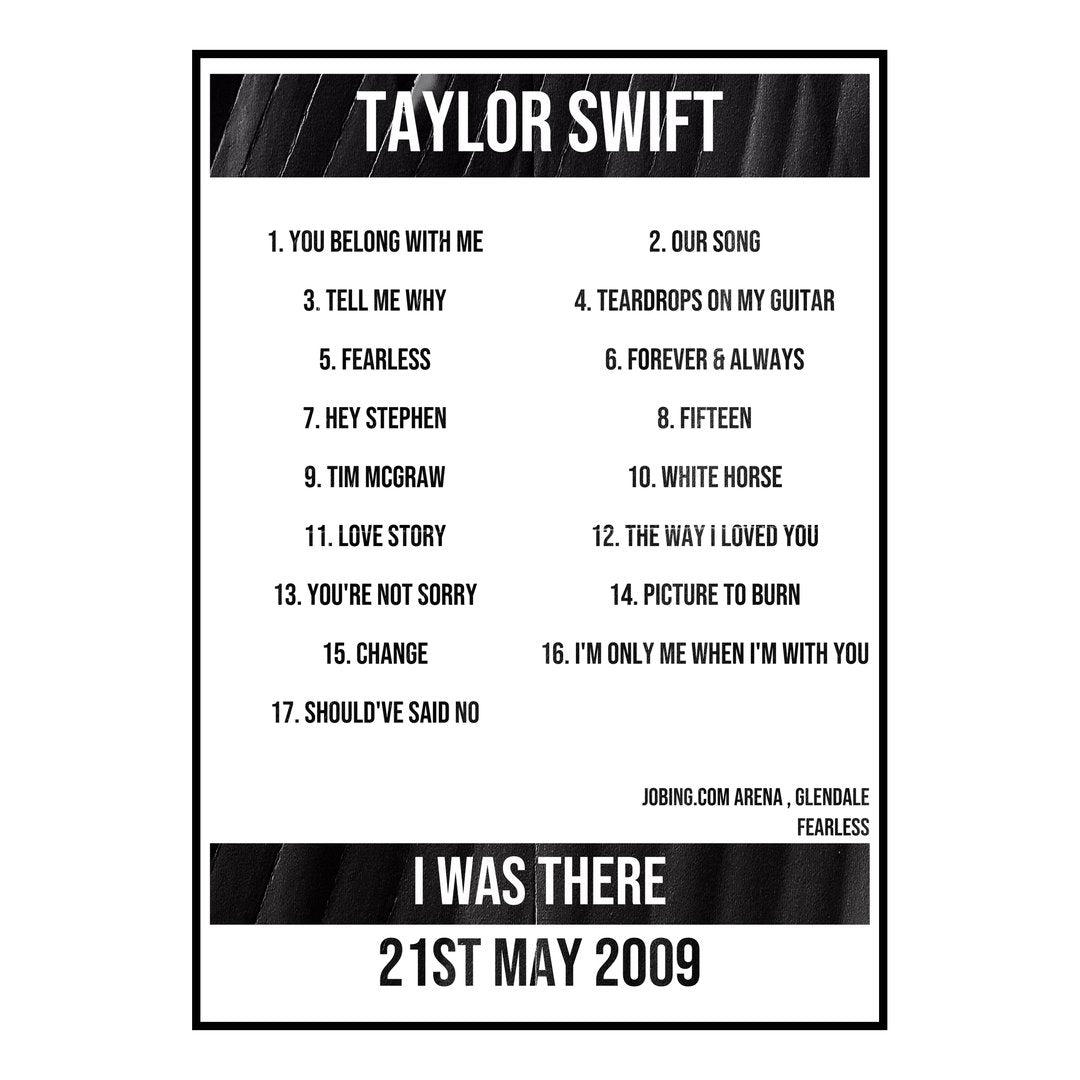 Taylor Swift Glendale 21st May 2009 Setlist poster
