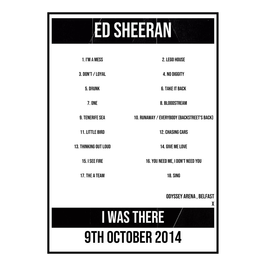 Ed Sheeran Belfast 9th October 2014 Setlist poster