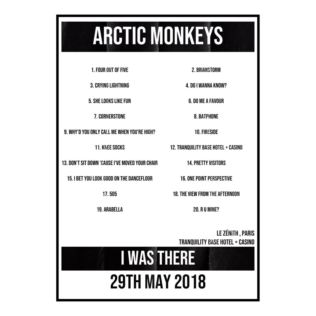 Arctic Monkeys Paris 29th May 2018 Setlist poster