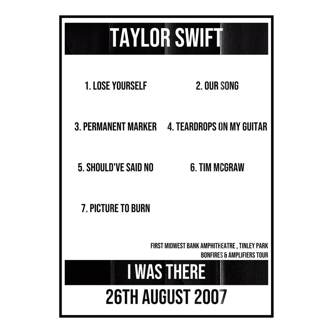 Taylor Swift Tinley Park 26th August 2007 Setlist poster