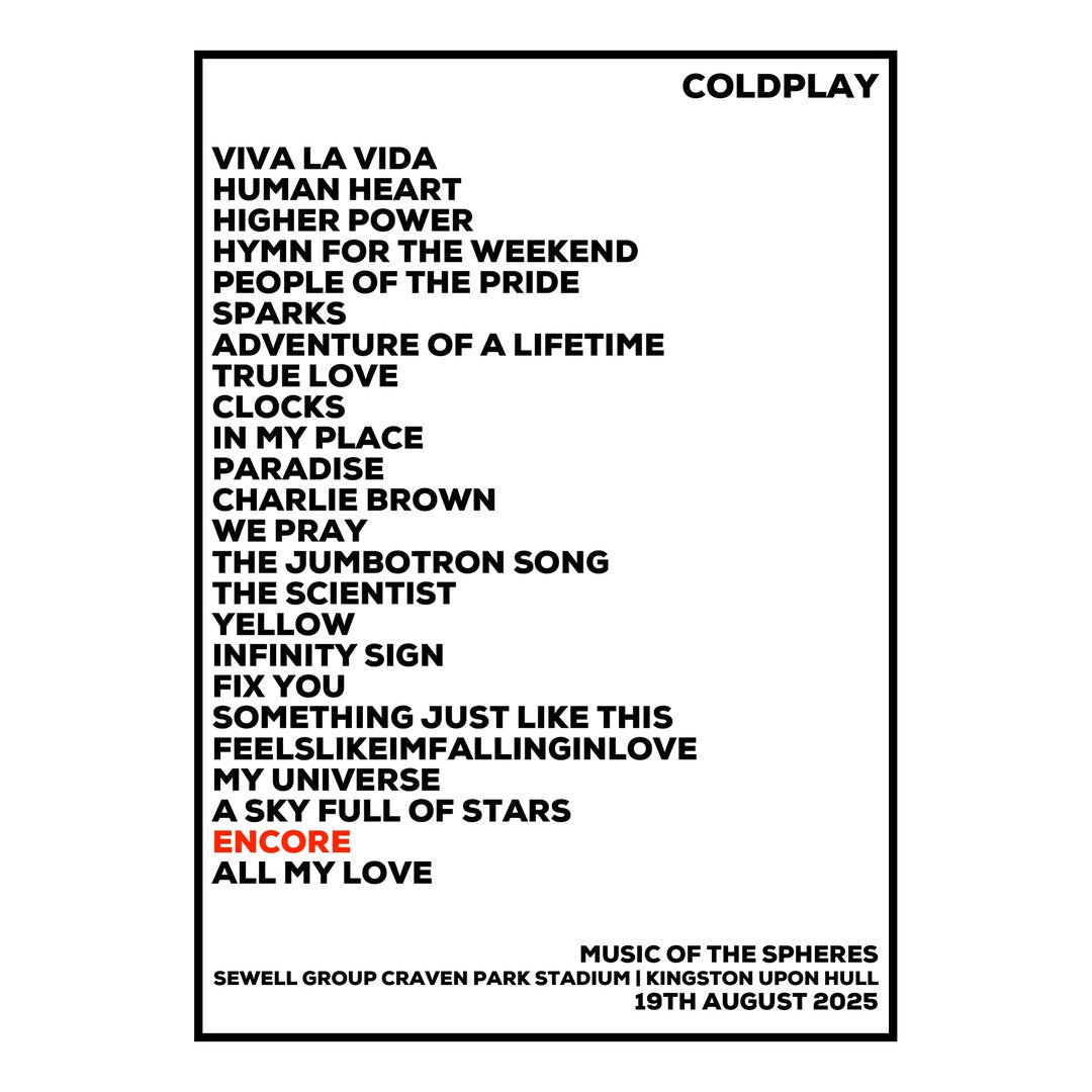 A Setlist Poster Featuring Coldplay Gig from Kingston upon Hull in 2025
