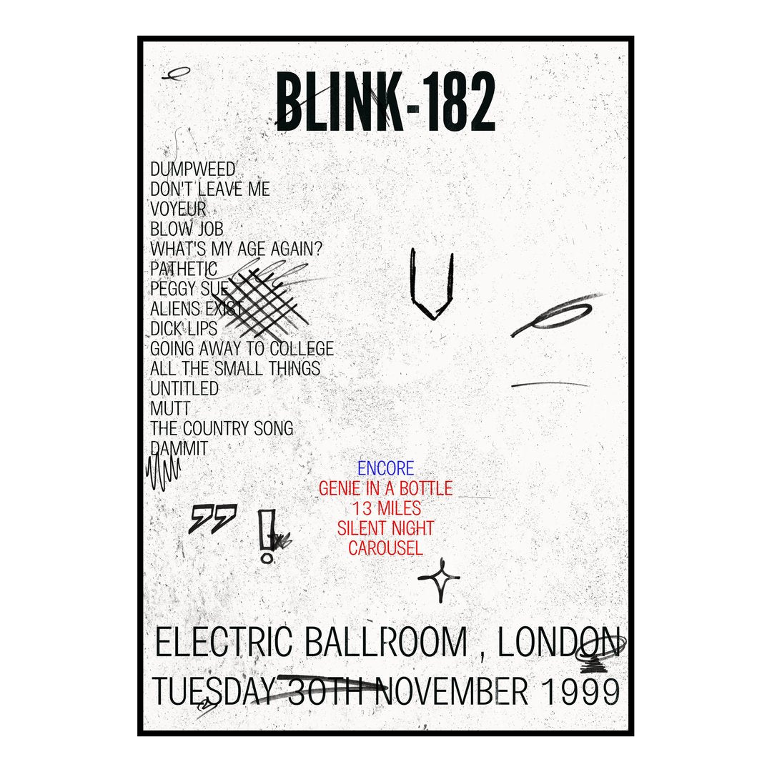 blink‐182 London 30th November 1999 Setlist poster