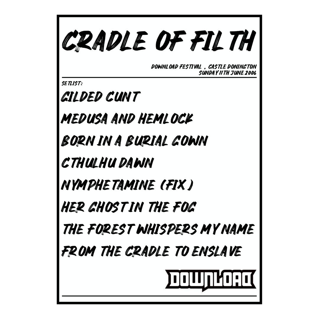 Cradle of Filth Castle Donington 11th June 2006 Setlist poster