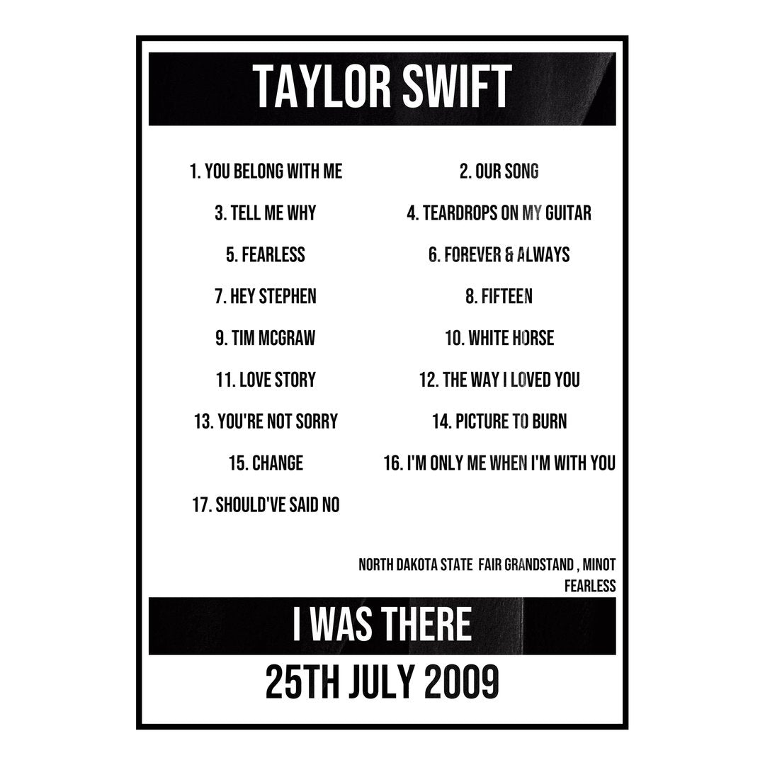 Taylor Swift Minot 25th July 2009 Setlist poster