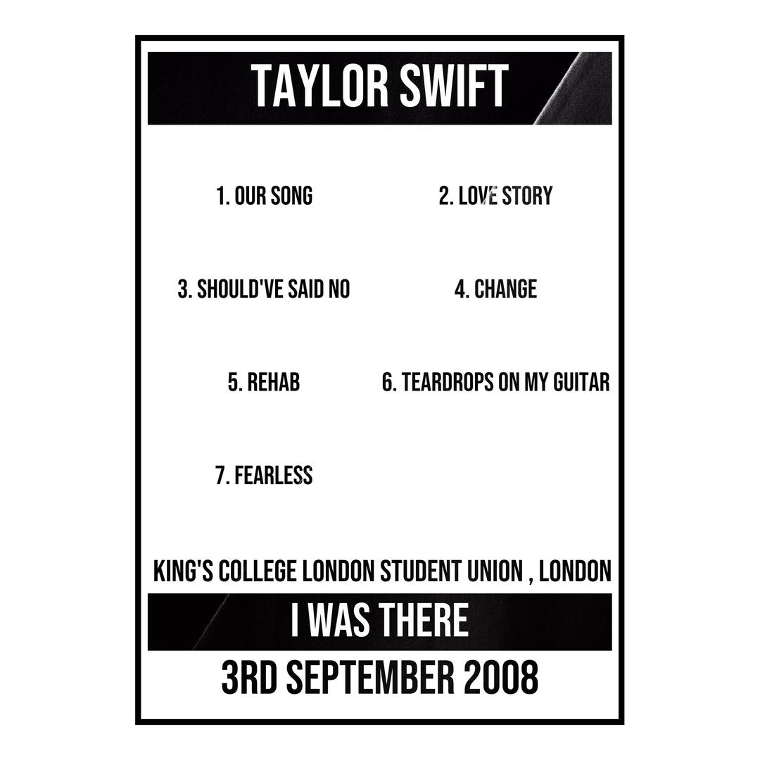 Taylor Swift London 3rd September 2008 Setlist poster