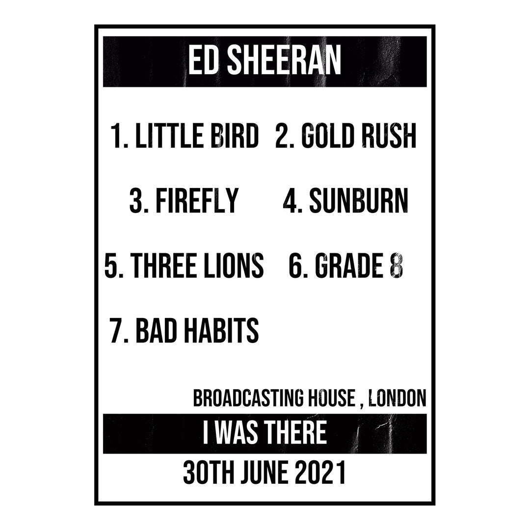 Ed Sheeran London 30th June 2021 Setlist poster