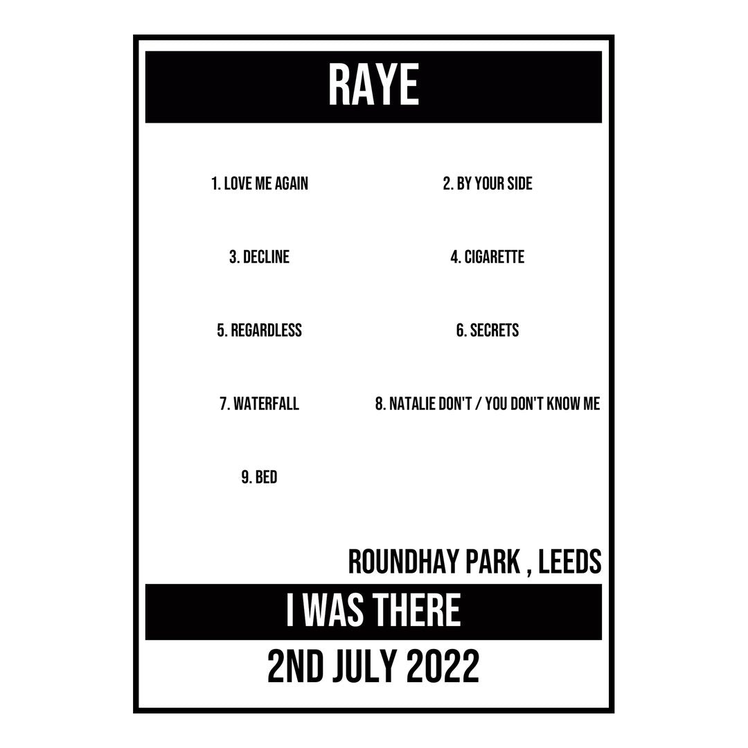 A Setlist Poster Featuring RAYE Gig from Leeds in 2022