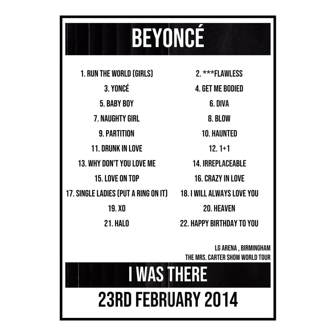 Beyoncé Birmingham 23rd February 2014 Setlist poster