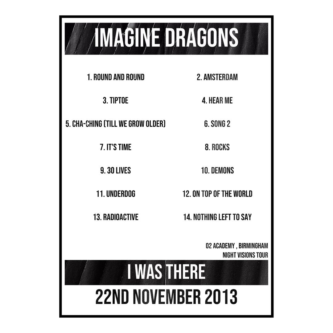 Imagine Dragons Birmingham 22nd November 2013 Setlist poster
