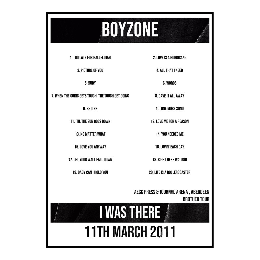 Boyzone Aberdeen 11th March 2011 Setlist poster