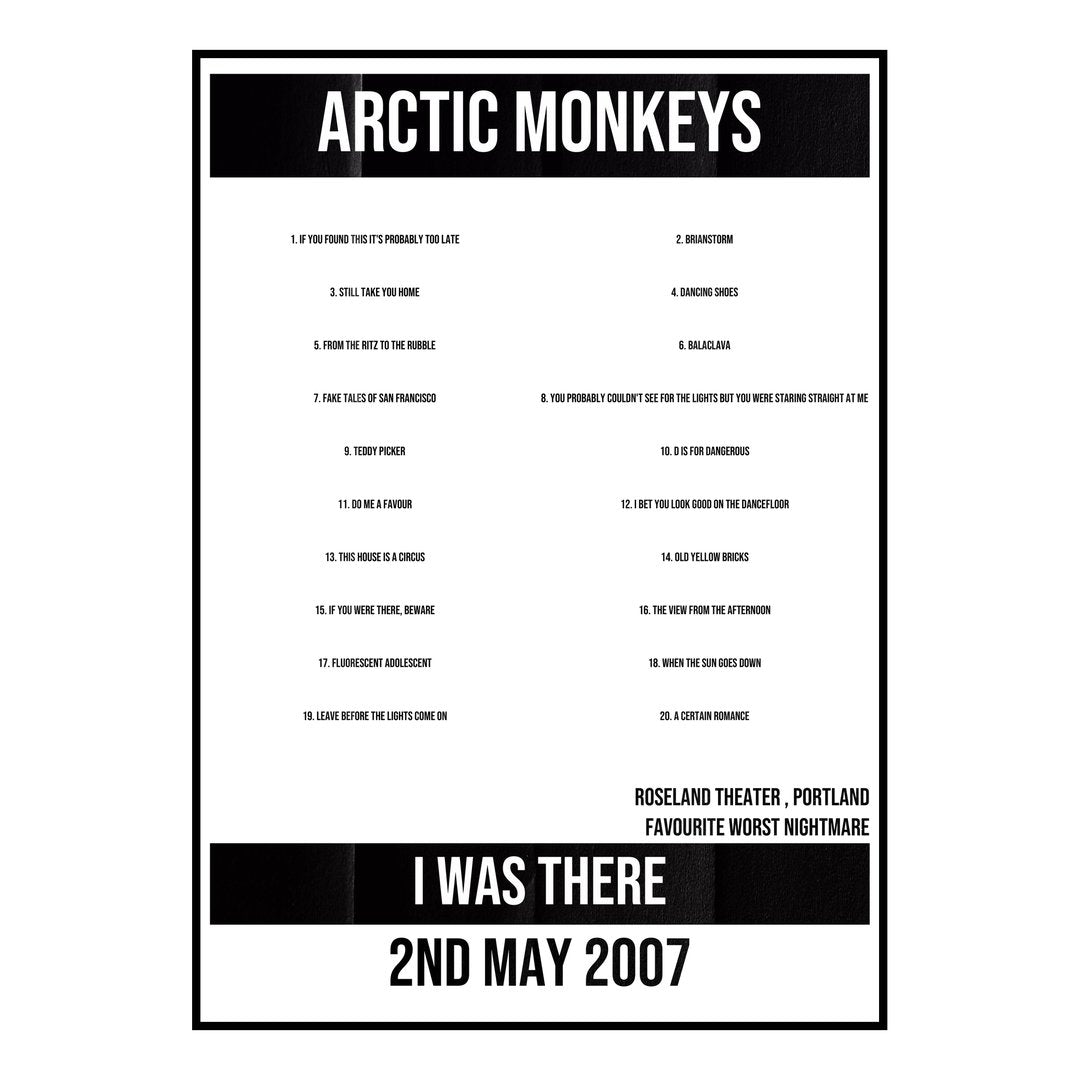 Arctic Monkeys Portland 2nd May 2007 Setlist poster