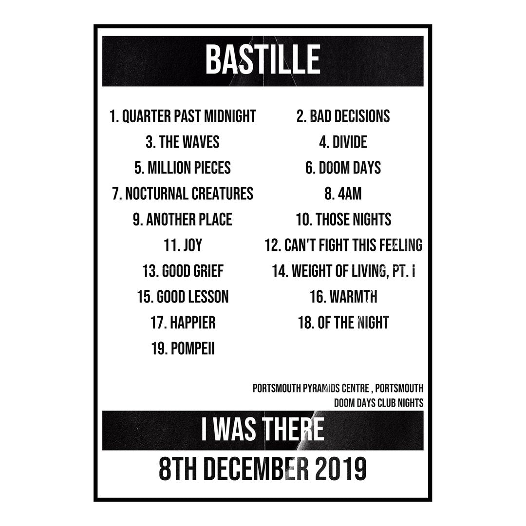 Bastille Portsmouth 8th December 2019 Setlist poster
