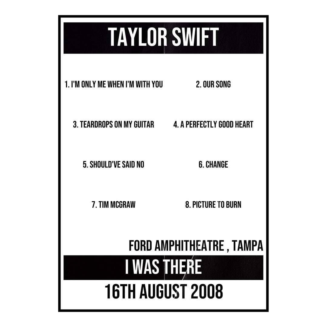 Taylor Swift Tampa 16th August 2008 Setlist poster