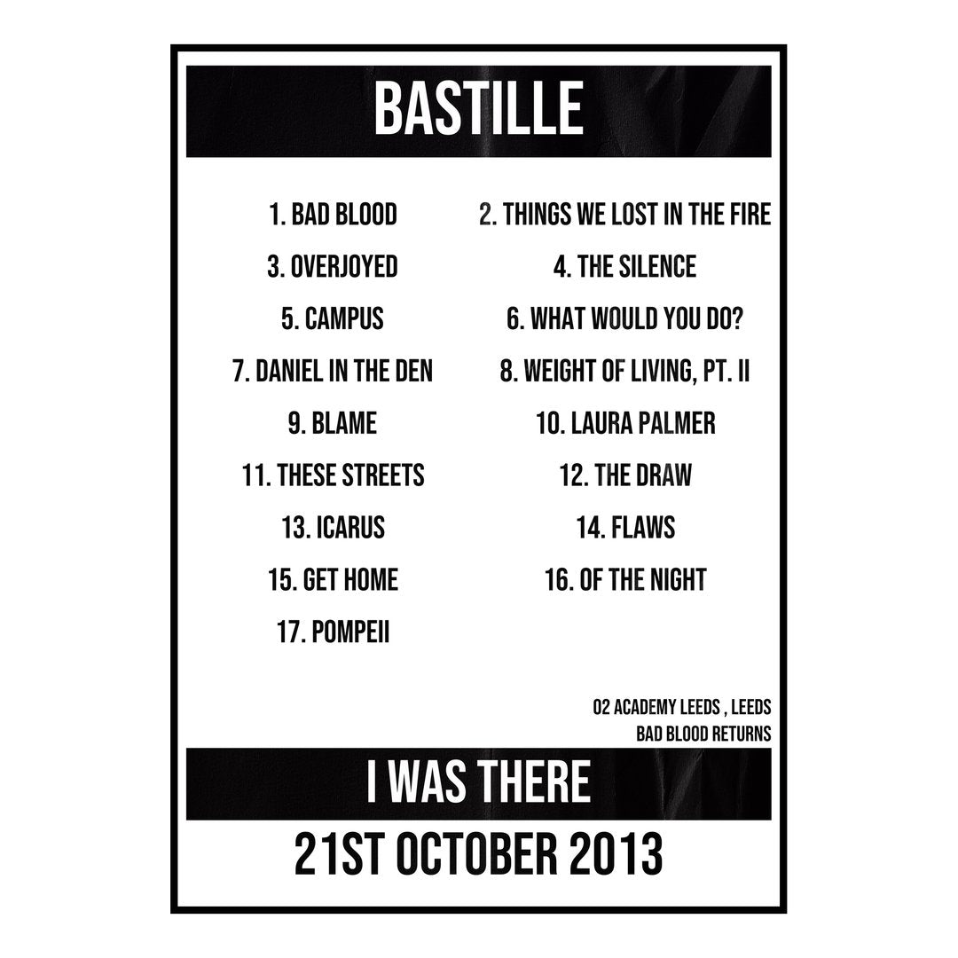 Bastille Leeds 21st October 2013 Setlist poster