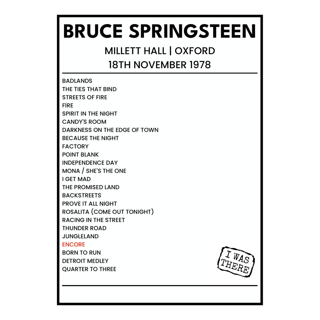Bruce Springsteen Oxford 18th November 1978 Setlist poster