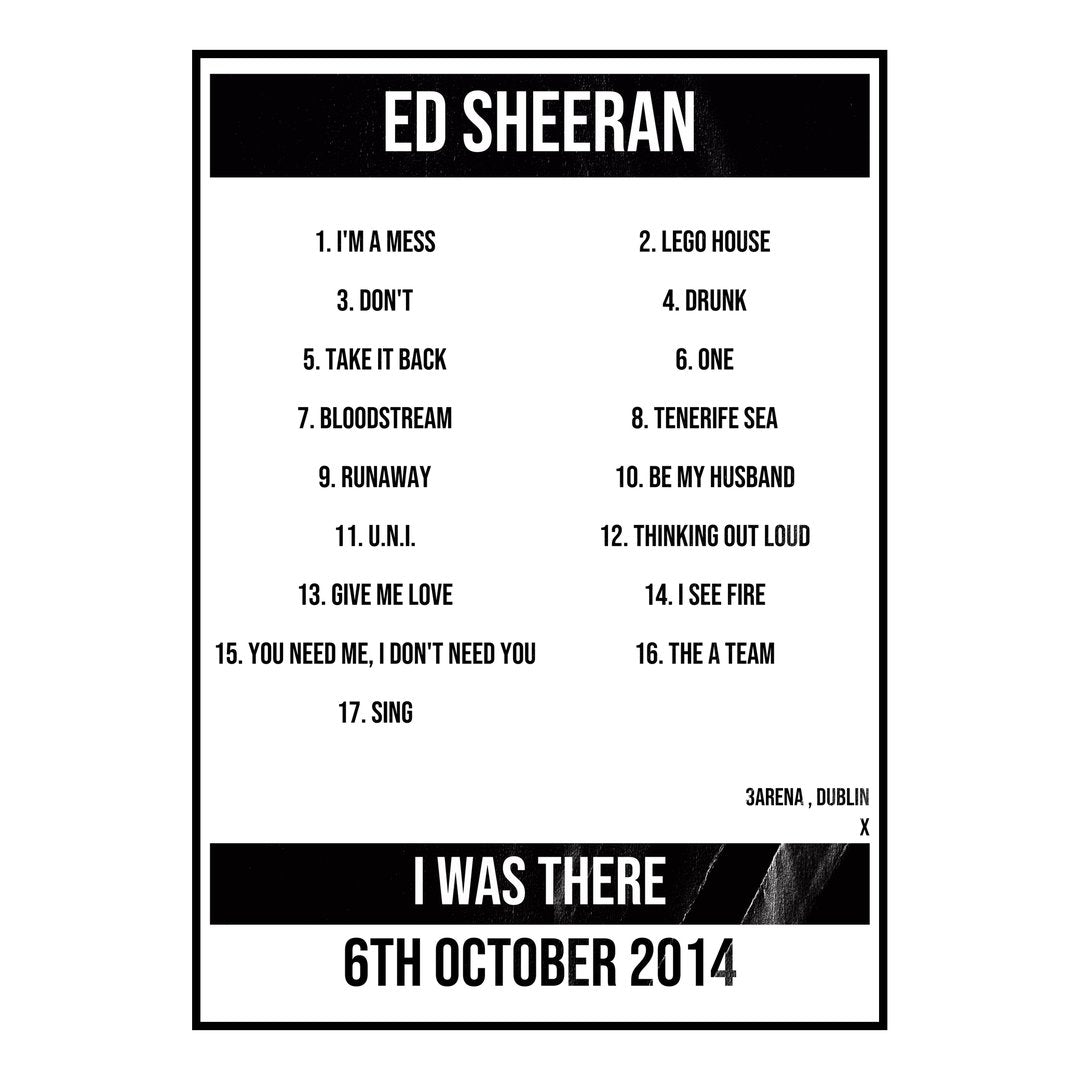 Ed Sheeran Dublin 6th October 2014 Setlist poster