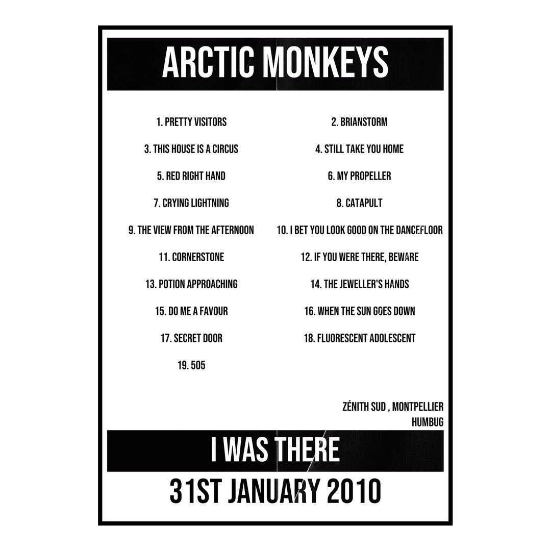 Arctic Monkeys Montpellier 31st January 2010 Setlist poster