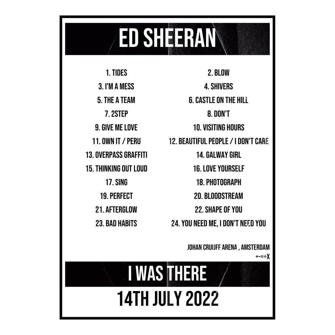 Ed Sheeran Amsterdam 14th July 2022 Setlist poster