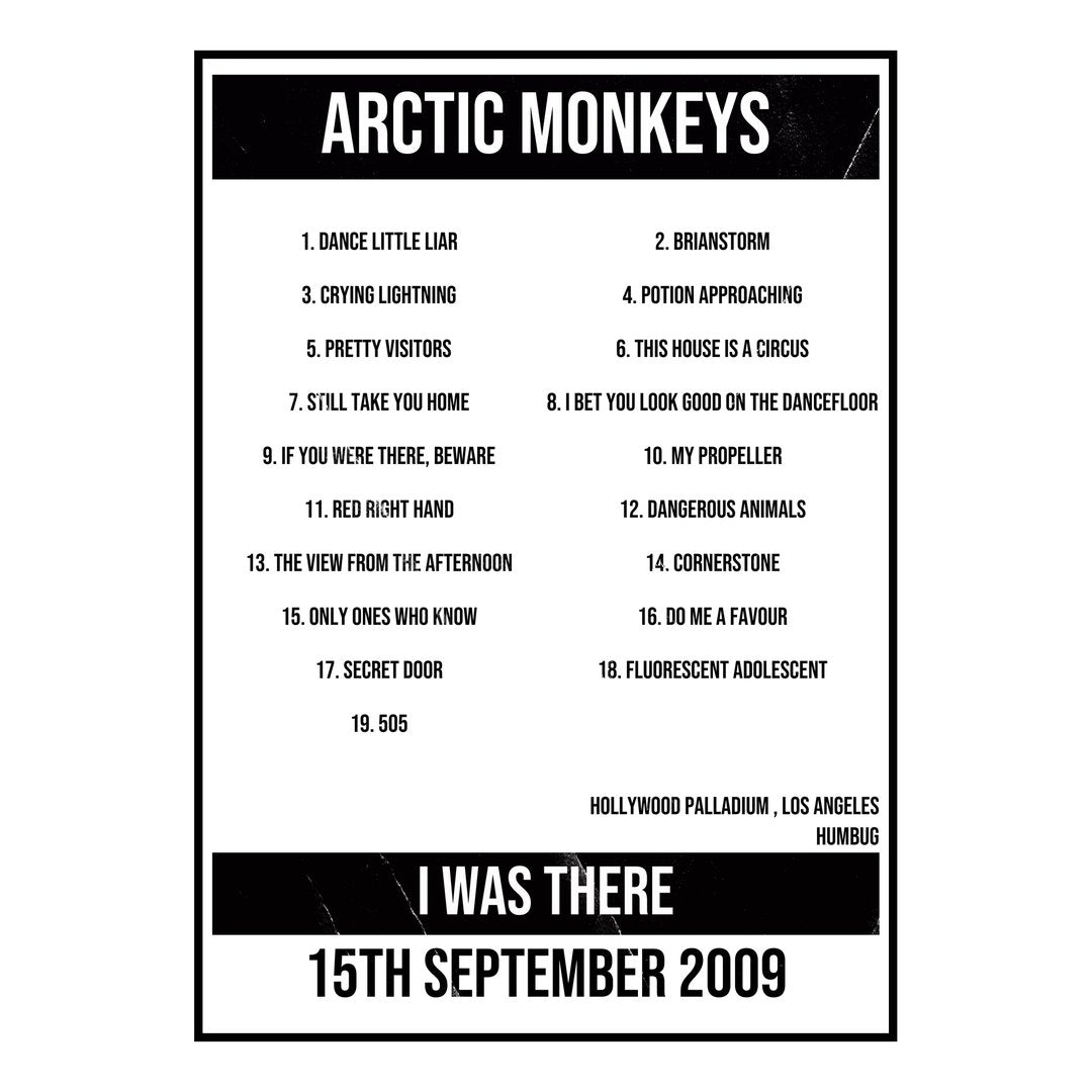 Arctic Monkeys Los Angeles 15th September 2009 Setlist poster