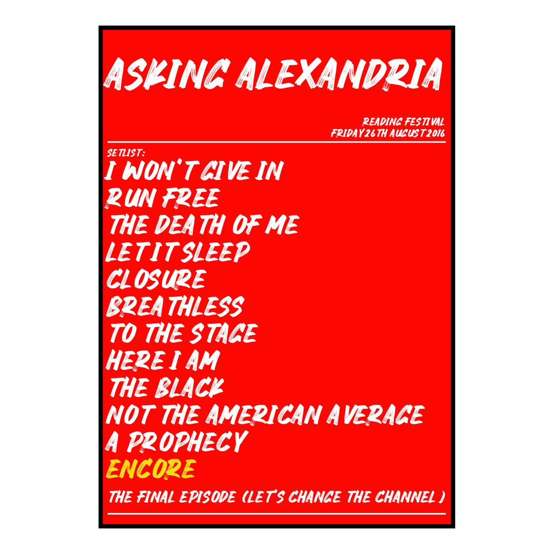 Asking Alexandria Reading 26th August 2016 Setlist poster
