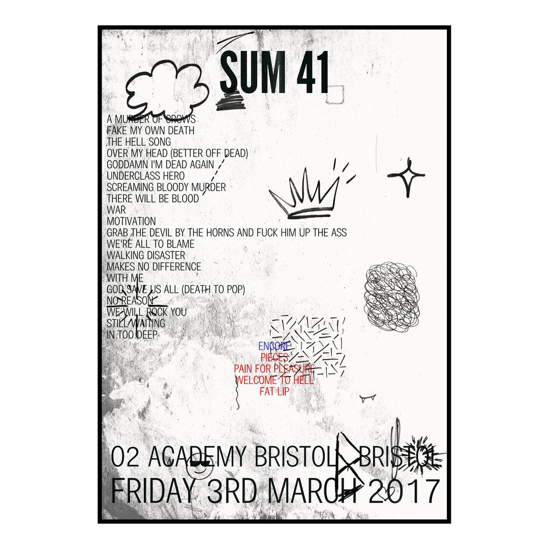 Sum 41 Bristol 3rd March 2017 Setlist poster