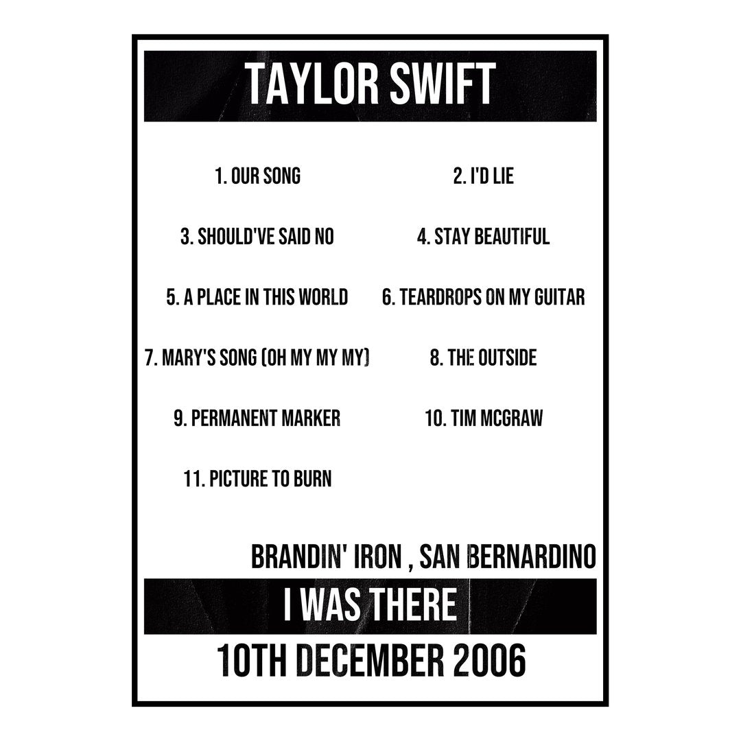 Taylor Swift San Bernardino 10th December 2006 Setlist poster