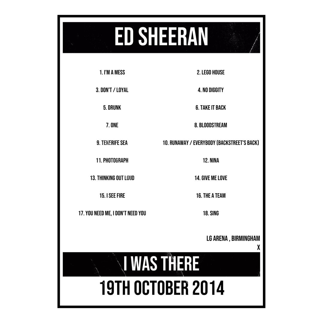 Ed Sheeran Birmingham 19th October 2014 Setlist poster