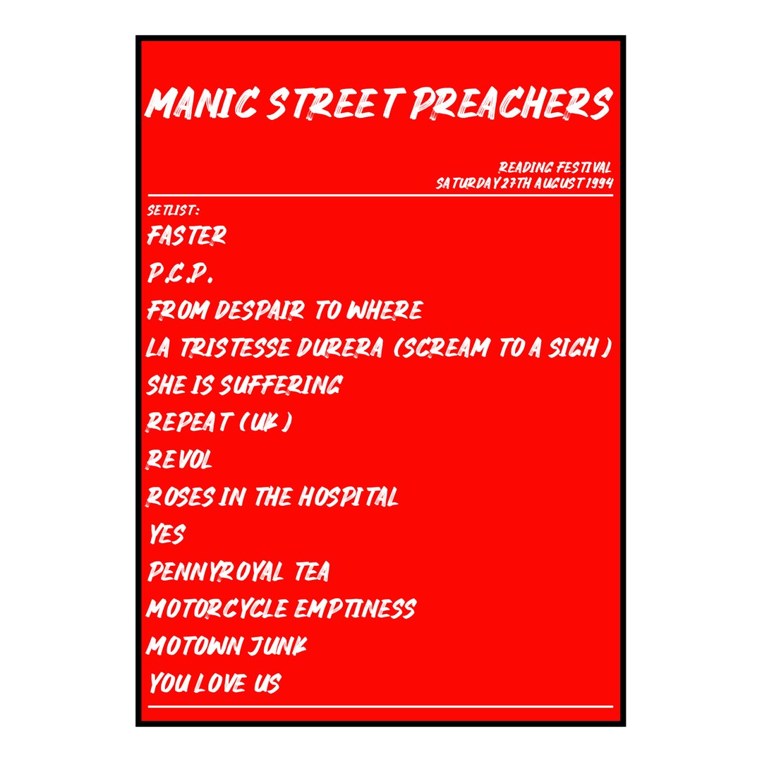 Manic Street Preachers Reading 27th August 1994 Setlist poster