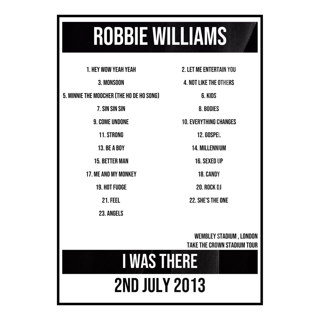 Robbie Williams London 2nd July 2013 Setlist poster