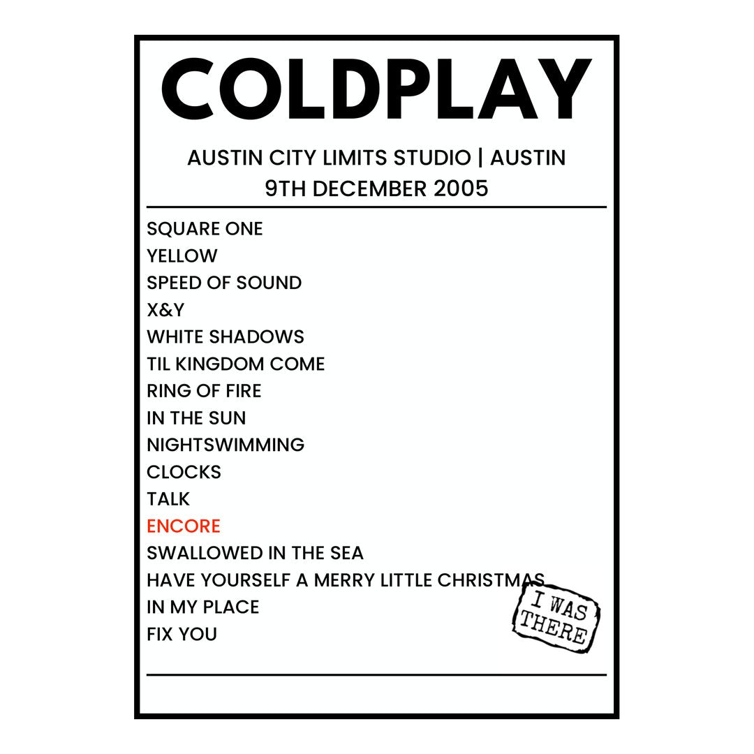Coldplay Austin 9th December 2005 Setlist poster