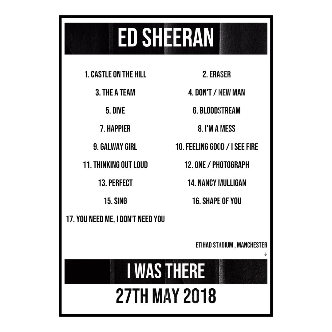 Ed Sheeran Manchester 27th May 2018 Setlist poster