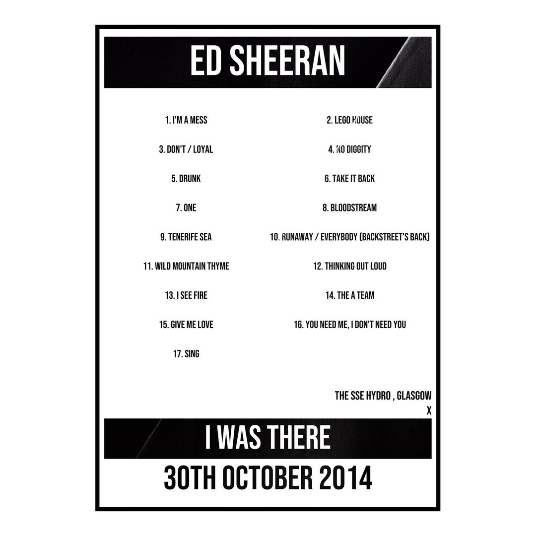 Ed Sheeran Glasgow 30th October 2014 Setlist poster