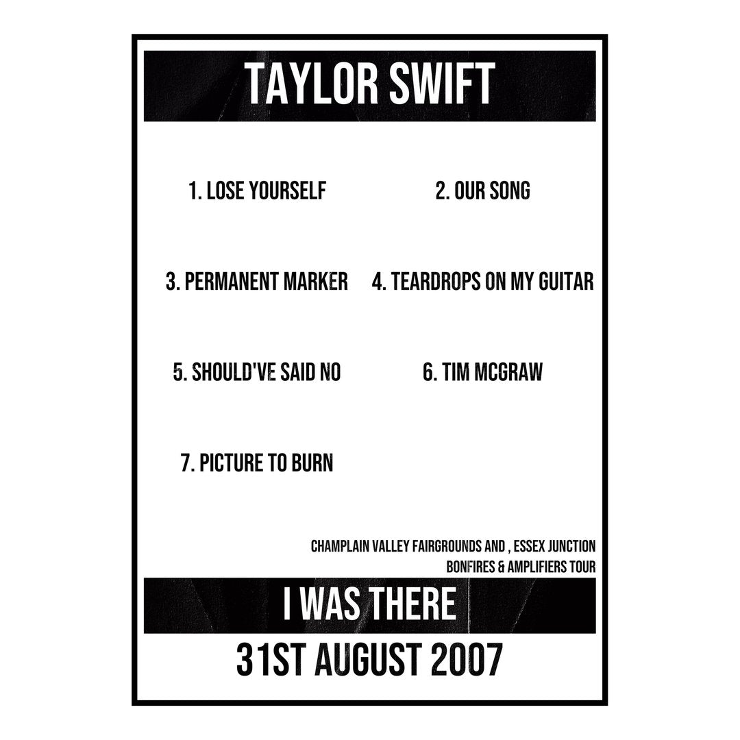 Taylor Swift Essex Junction 31st August 2007 Setlist poster