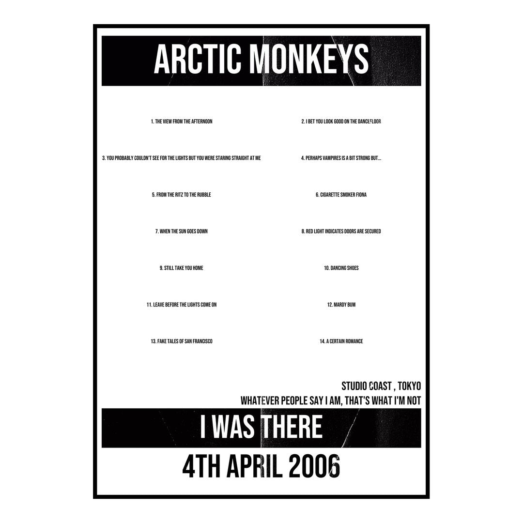 Arctic Monkeys Tokyo 4th April 2006 Setlist poster