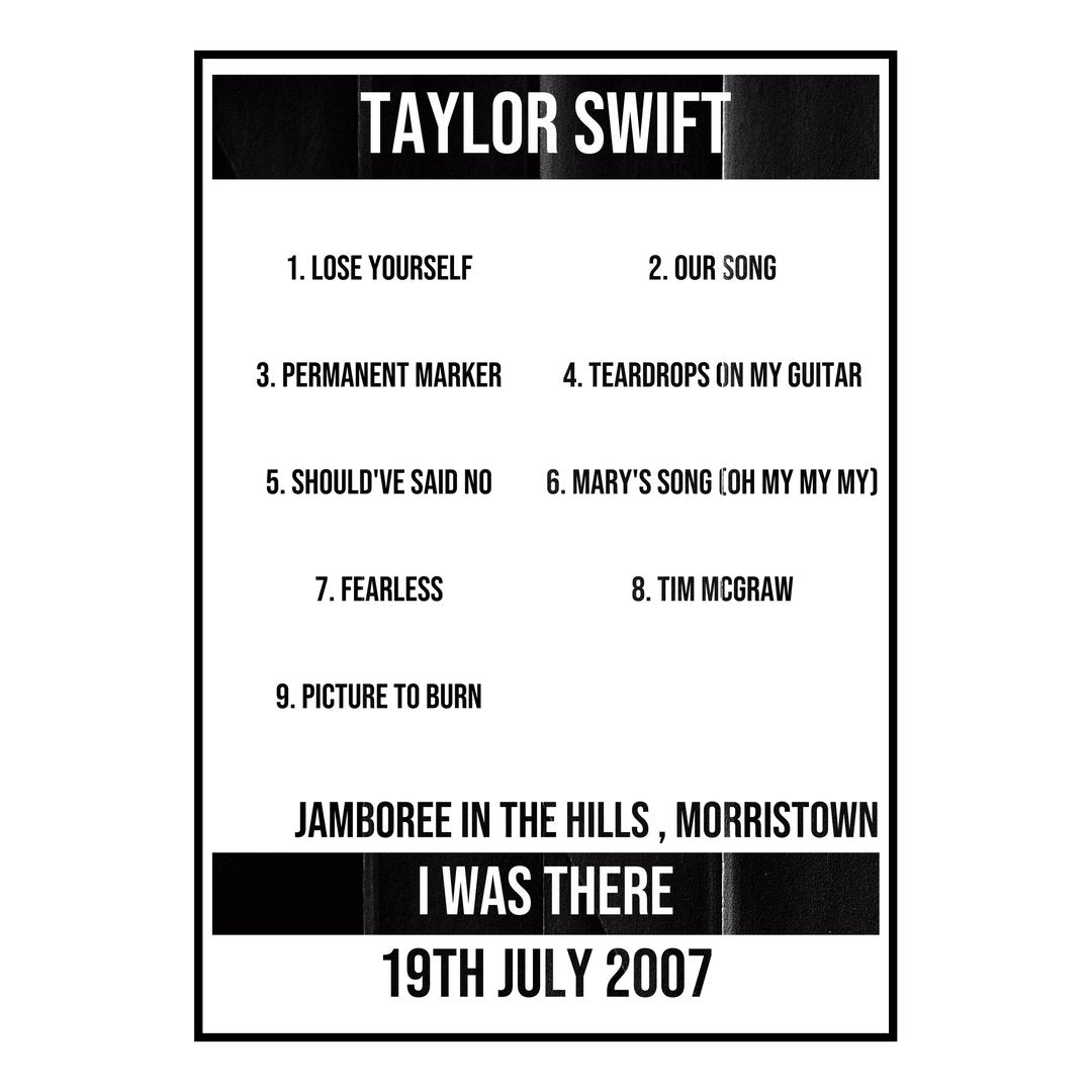Taylor Swift Morristown 19th July 2007 Setlist poster