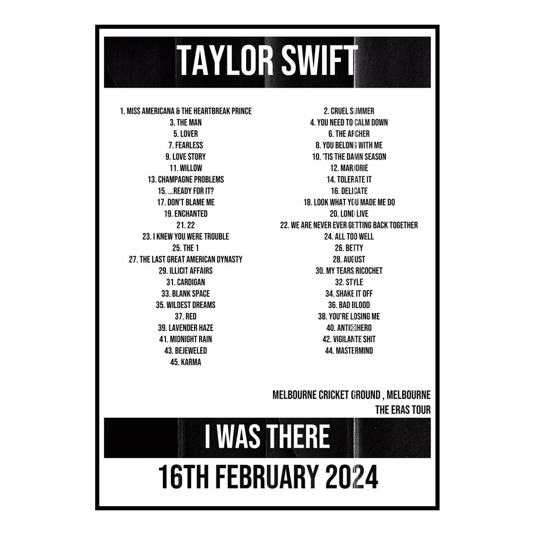 Taylor Swift Melbourne 16th February 2024 Setlist poster