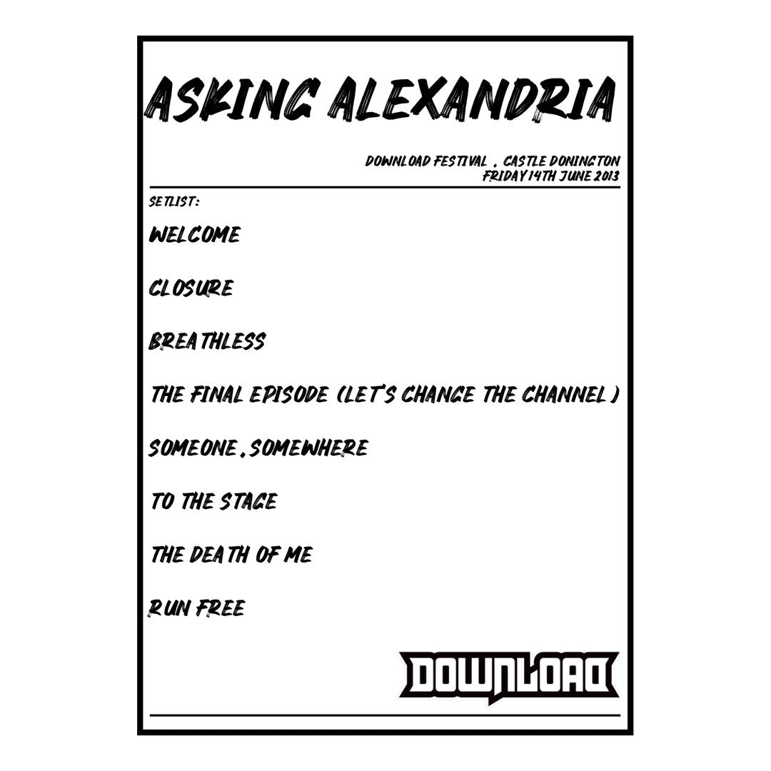 Asking Alexandria Castle Donington 14th June 2013 Setlist poster