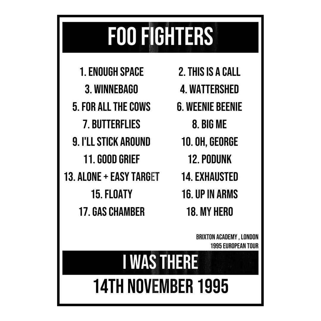 Foo Fighters London 14th November 1995 Setlist poster