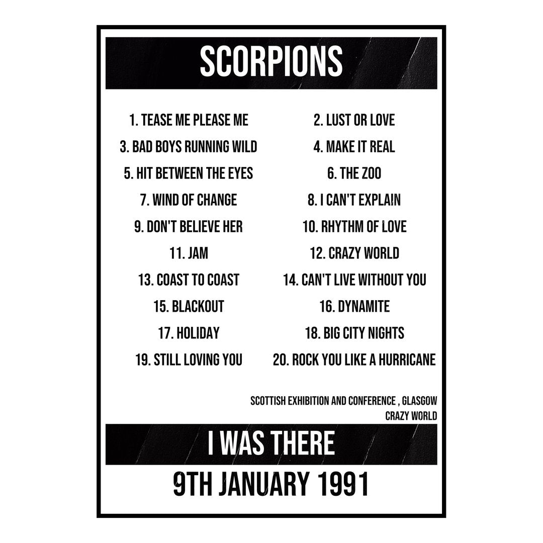 Scorpions Glasgow 9th January 1991 Setlist poster