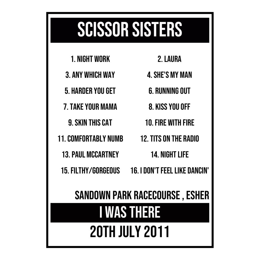A Setlist Poster Featuring Scissor Sisters Gig from Esher in 2011