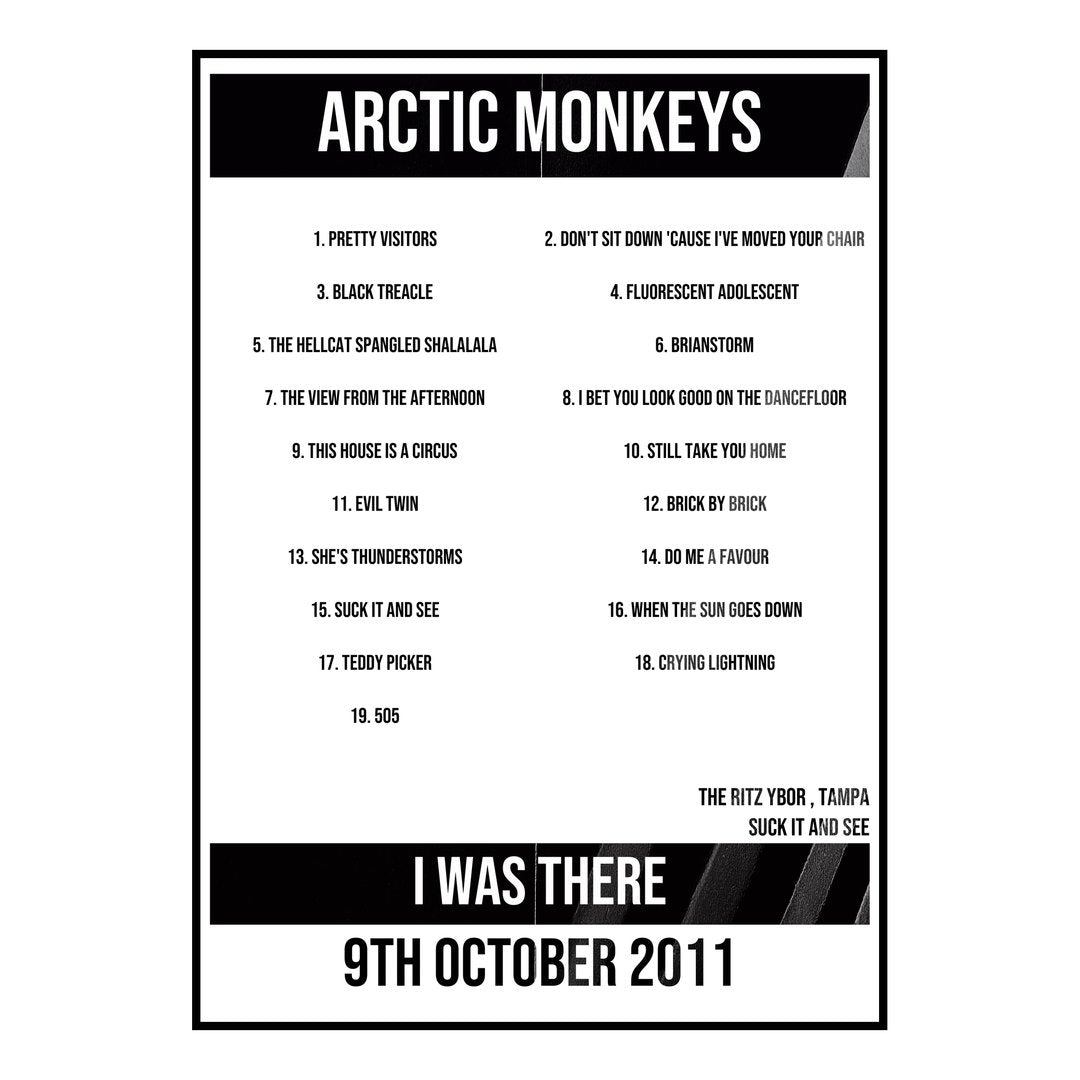 Arctic Monkeys Tampa 9th October 2011 Setlist poster