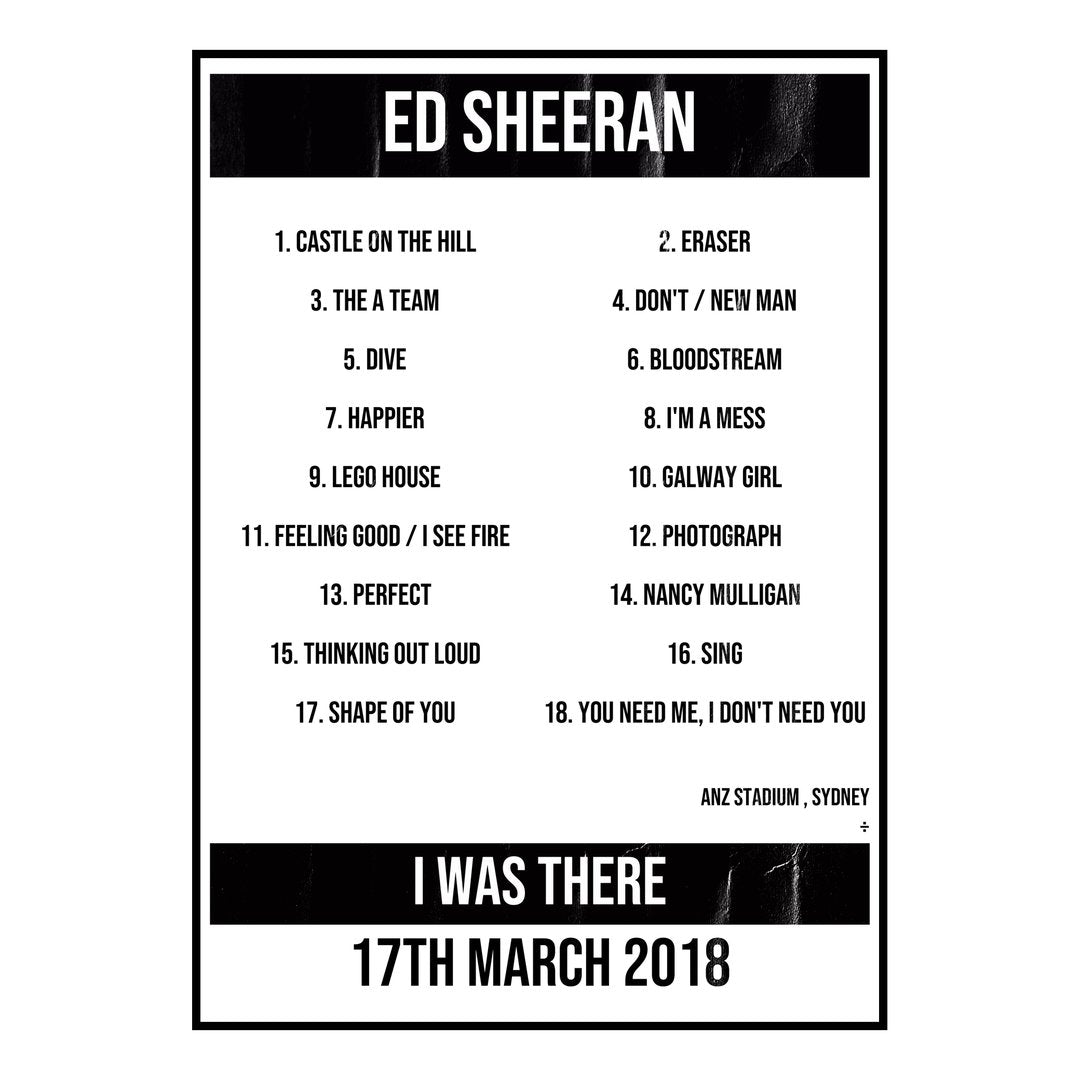 Ed Sheeran Sydney 17th March 2018 Setlist poster