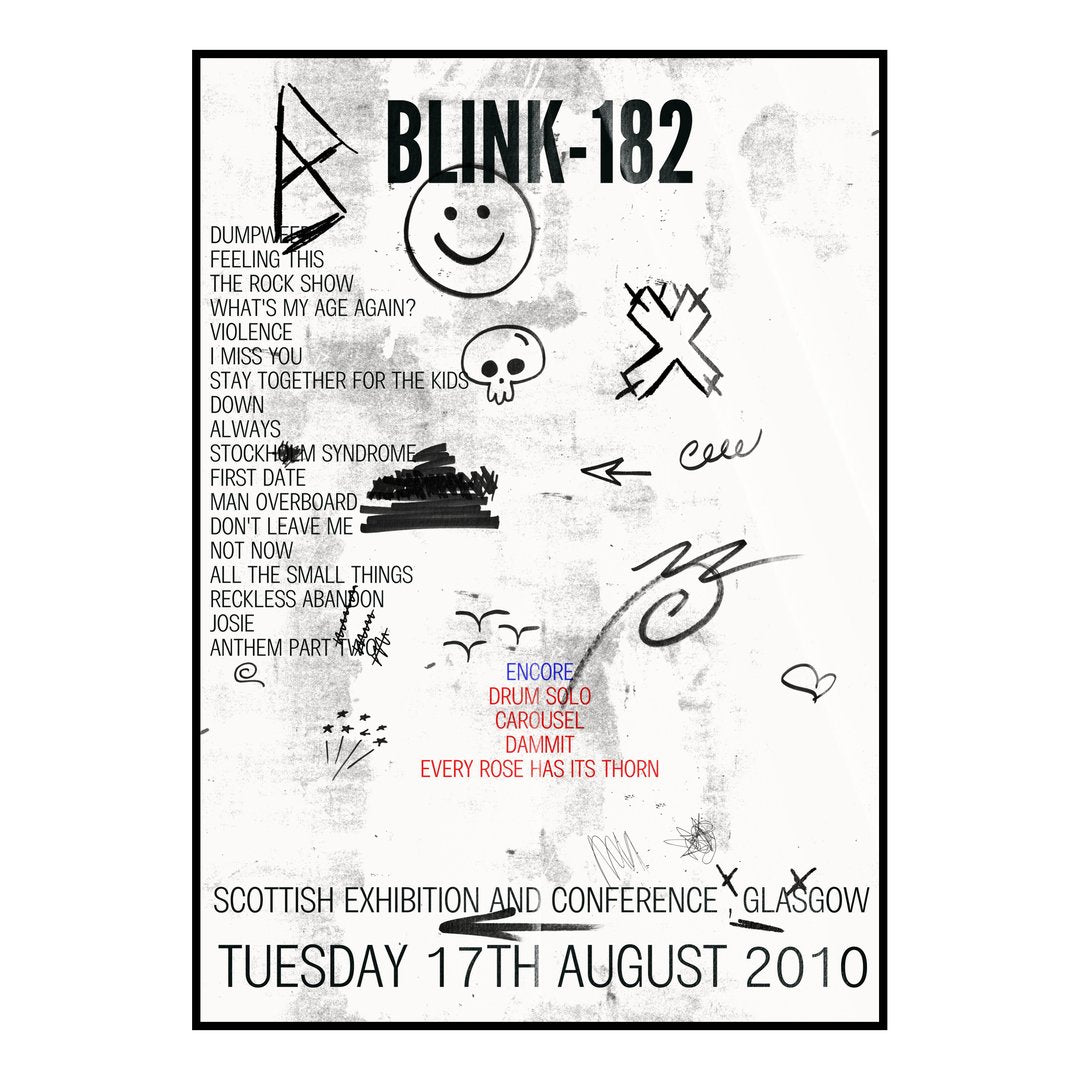 blink‐182 Glasgow 17th August 2010 Setlist poster