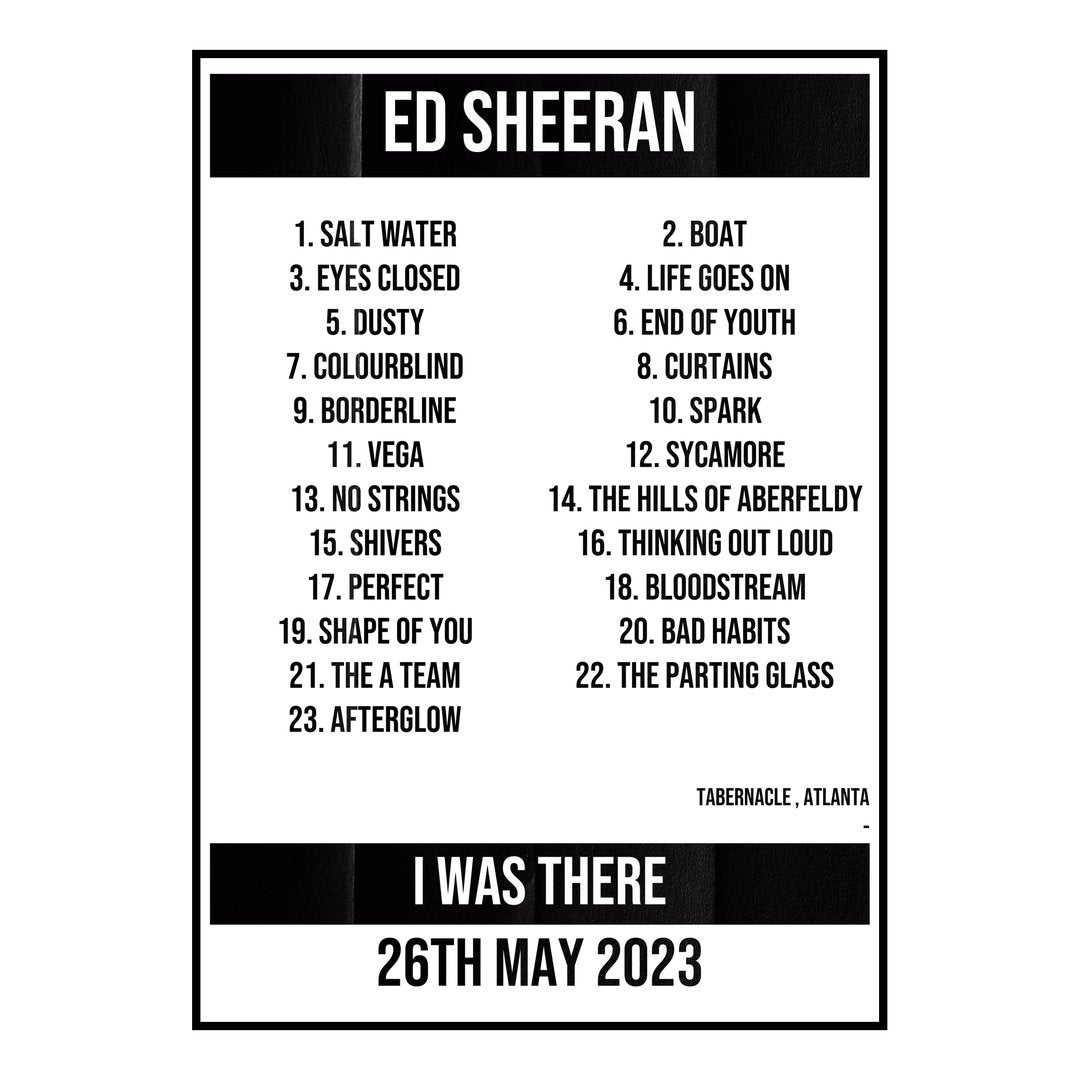 Ed Sheeran Atlanta 26th May 2023 Setlist poster