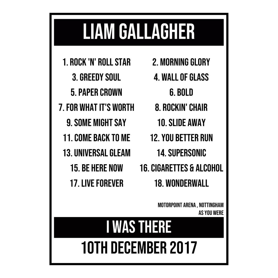 A Setlist Poster Featuring Liam Gallagher Gig from Nottingham in 2017